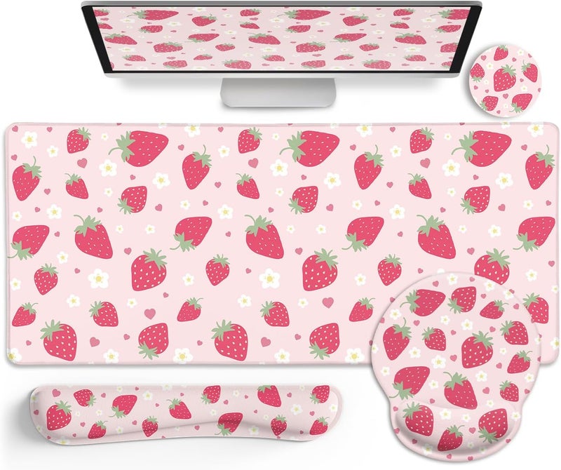 LIMKRIAN Strawberry Mouse Pad Desk Mat Set, Pink Ergonomic Mouse Pad with Wrist Rest, Large Gaming Mousepad Wrist Support Keyboard Mat Cup Coaster Set, Cute Office Desk Decor Accessories Supplies - Image 1